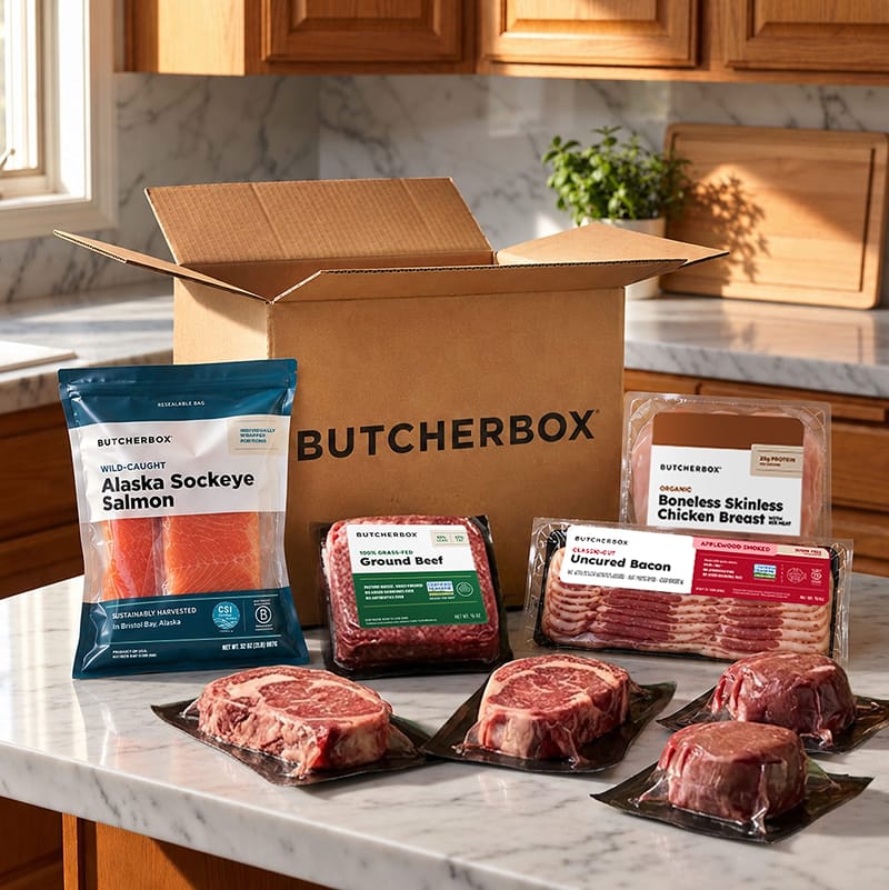 An open ButcherBox on a kitchen counter with packaged salmon, chicken, bacon, ground beef and steaks