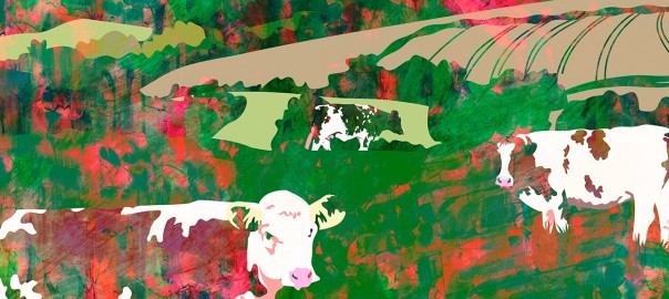 Grunge watercolour painting of cows grazing in a field with rura